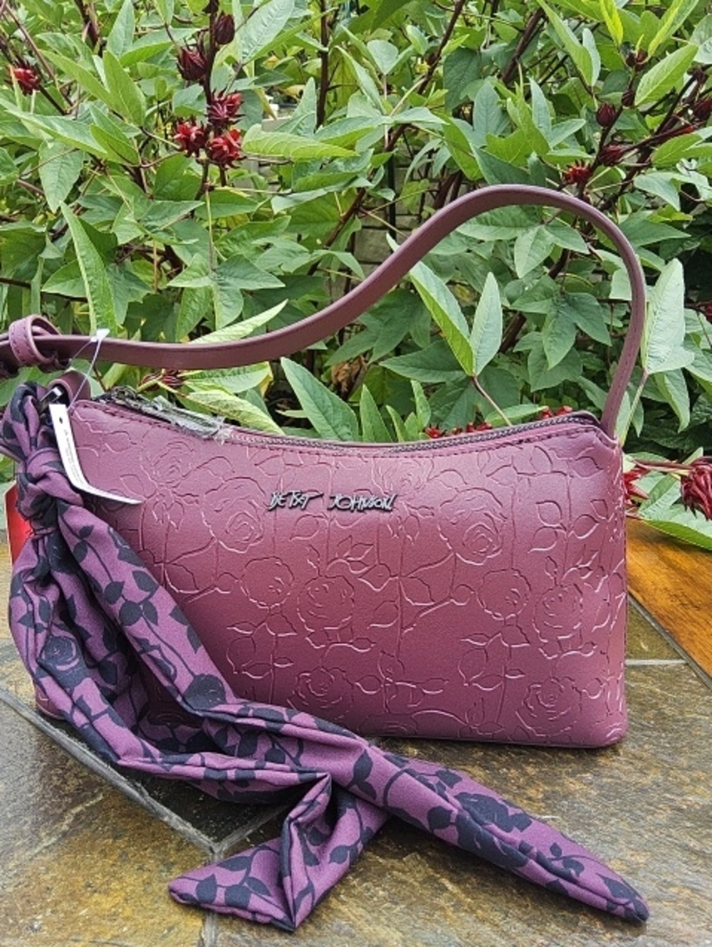 Betsey Johnson Embossed Rose Mauve Shoulder Bag with Scarf